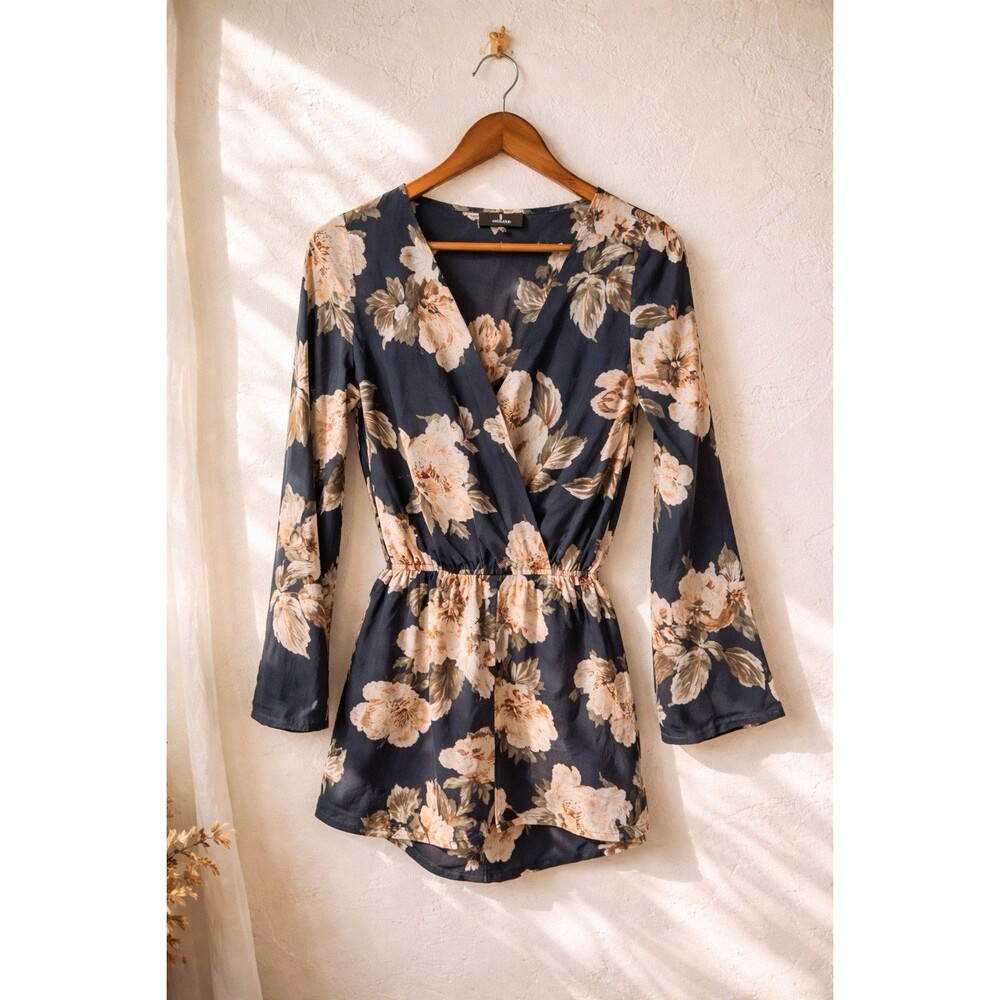 Lulus Floral Wrap Romper XS Long Sleeve Blue Beige Boho Wedding Guest Mini